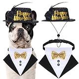 Suhine 2 Pcs Pet Happy New Year Costume Cute Dog Outfit Accessories Includes Happy New Year Pet Hat Dog Bandana Collar with Bow Tie Adjustable for Medium Pets New Year Costume Supplies