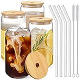 Drinking Glasses with Bamboo Lids and Glass Straw 4pcs Set - 16oz Glass Cups, Iced Coffee Glasses, Cute iced Tea Glasses, Beer Glasses, Ideal for Coffee Bar Accessories, Aesthetic Gift - 2 Brushes