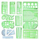 15PCS Geometric Drawings Templates,Transparent Green Plastic Ruler, Drafting Stencils Measuring Tools, Measuring Geometry Rulers for Office, Studying