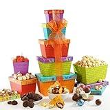 Broadway Basketeers Food Chocolate Gift Basket Tower for Birthdays – Curated Snack Box, Sweet and Savory Treats for Parties, Best Wishes, Birthday Presents for Women, Men, Mom, Dad, Her, Him, Families