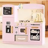 Play Kitchen Set for Kids, Wooden Kids Kitchen Playset with Real Lights & Sounds, Interactive Toy Kitchen with Felt Boxes for Storing Kitchen Utensils and Ice Maker Toy Accessories (Pink)