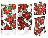 Poinsettia 5 Piece Christmas Kitchen Linen Bundle With 2 Dish Towels, 2 Potholders, and 1 Oven Mitt …