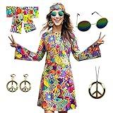 MRYUWB 70s Hippie Dress Costumes Necklace Earrings Sunglass Women Disco Outfit, 60s Party Costume, Halloween Retro Dresses (Love and Peace, XXL)