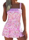 ROSEWE Womens Tummy Control Tankini Bathing Suits, Two Piece Ruched Swimsuits, Floral Print Swimdress with Skirt