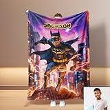 USA Made Custom Kids Superhero Bat Boy Blanket – Personalized Face with Name, Flying Through Skyscrappe Soft Fleece Blanket for Boys, Unique Gift for Children 02 Minky 50x60