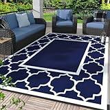 GENIMO 5' x 8' Outdoor Rug Waterproof for Patio Decor, Foldable Reversible Plastic Straw Area Rugs Mat for Camper, Outside Carpet for Rv, Deck, Porch, Picnic, Beach, Balcony, Blue & White