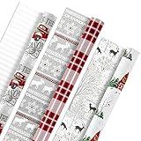 Hallmark Holiday Wrapping Paper Rolls - Rustic Christmas Gift Wrap Paper (Set of 3 Reversible Rolls: 120 sq. ft. ttl.) Plaid, Barn, Red Truck, Moose, Woodland Scenes