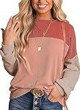 Dokotoo Women's Sweaters Cute Round Neck Knitted Long Sleeve Color Block Pullover Fall Fashion Slim Waffle Knit Shirt Tops Casual Striped Tunics Blouses Red Small