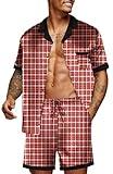 Ekouaer Men Satin Silk Pajamas Set with Pockets Sleepwear Shorts Satin Summer Loungewear 2 Piece Button Down Set S-XXL Red Plaid