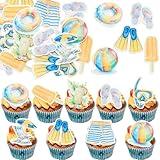 Gyufise 54Pcs Edible Summer Beach Cupcake Toppers Wafer Paper Ball Sun Umbrella Slippers Cupcake Picks Hawaiian Cake Decorations for Summer Pool Themed Party Decor Dark Blue
