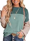 Dokotoo Womens Pullover Shirts Ladies Crewneck Long Sleeve Colorblock Tunics Blouses Spirng Summer Autumn Casual Loose Jumper Tops Fall Fashion Knitted Tops Valentines Day Outfit Blue Green Medium