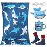 SmoothNovelty 5 Pcs Christmas Whale Shark Gift Sets, Including Shark Throw Blanket, Shark Coin Purse, Shark Keychain, Shark Cup, 1 Pair Shark Crew Socks for Birthday Shark Party Thank You Novelty Gift