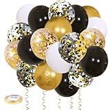 Zesliwy Black Gold Confetti Balloons 50 pack - 12 Inch Gold White and Black Confetti Balloons with Ribbons for Graduation Birthday Wedding Party 2025 New Years Decorations…