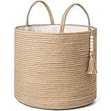 Mkono Woven Storage Basket Decorative Natural Rope Basket Wooden Bead Decoration for Blankets,Toys,Clothes,Shoes,Plant Organizer Bin with Handles Living Room Home Decor, Jute, 16" W × 13.8"L