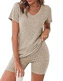 Ekouaer Biker Short Sets Women 2 Piece Outfits Ribbed Pajama Short Sleeve Workout Set Khaki