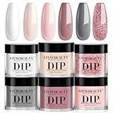 AZUREBEAUTY Dip Powder Nail Set, 6 Colors Classic Nude Collection Skin Tone Glitter Pastel Dipping Powder Starter Kit French Nail Art Manicure DIY Salon Home Gifts for Women, No Need Nail Lamp Cured