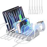 SooPii Premium 6-Port USB Charging Station Organizer for Multiple Devices, 6 Short Charging Cables and One Upgraded i-Watch Charger Holder Included, for Phones,Tablets and Other Electronics, Silver