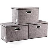 PRANDOM Large Collapsible Storage Bins with Lids [3-Pack] Linen/Cotton Blend Foldable Storage Boxes Organizer Containers Baskets Cube with Cover for Home Bedroom Closet Office Nursery(17.7x11.8x11.8)