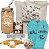 Sets of 7 Book Lovers Gifts Teacher Gifts Includes Novelty Sock 16 oz Glass Cup Just One More Chapter Canvas Tote Bag Bookmark Book Page Holder Ornament Card Gift Set for Reader Thanksgiving Christmas