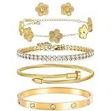 Freinit Bracelets and Earrings Set for Women 5Pcs 18K Gold Plated Nail love Bangle Bracelet Set Adjustable Bracelet Stackable Flower Tennis Bracelet Gifts for Christmas Valentines Women's Day and Mother's Day（Gold ）