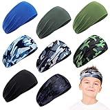 Zhanmai 8 Pieces Boys Headbands Athletic Sweatbands Kids Sports Wicking Breathable Headbands Elastic Girls Boys for Football Basketball Running Exercise(Camo and Plain)