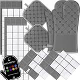 Oven Mitts Kitchen Towels Dishcloths with Pot Holders Sets 12PCS, Dish Towels Sets, Oven Gloves Pot Pads Heat Resistant 500 Degrees with Non-Slip Silicone Surface for Cooking Baking Grilling-Gray