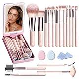 Makeup Brushes with Case, 20PCs Travel Makeup Brush Set, Foundation Concealer Blush Eyeshadow Brush Set Contour Powder Eyebrow Eyelash Brush Kit with Led Light Mirror Holder & 2 Powder Puff-Pink