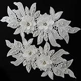Mililanyo 2 Pieces 3D Lace Beads Flower Embroidered Patches Pair of Sequin Lace Sewing On Appliques for Wedding Dress Collar Decor DIY Crafts Decorations, White