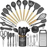 Umite Chef Silicone Kitchen Utensil Set, 34PCS Heat Resistant Kitchen Gadgets and Tools With Grater, Wood Handles for Nonstick Cookware (Dark Gray)