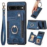 JanCalm for Pixel 7 Pro Case,Card Holder Wallet for Google Pixel 7 Pro Case,Ring Stand,RFID-Blocking,Wrist Strap,Camera Protector,Leather Protective Magnetic Flip Cover (Blue)