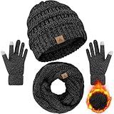 Winter Beanie Hat Scarf Gloves, Warm Fleece Knit Winter Hats Touch Screen Gloves Neck Scarf Set Winter Gifts for Unisex Adult