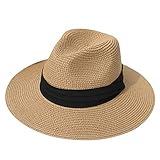 DRESHOW Women Straw Panama Hat Travel Fedora Beach Sun Hat Summer Wide Brim Straw Roll up Hats UPF 50+