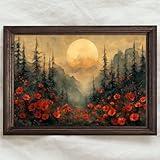 Vintage Landscape Canvas Wall Art Red Flower Painting Moon Landscape Poster Moody Landscape Print Nature Flower Pictures Moody Forest Painting Red Floral Artwork Moody Scenery Picture 16x24in No Frame