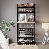 WAYTRIM Wine Rack Freestanding Floor 3 Tier Countertop Wine Storage Cabinetd 4 Tier Freestanding Wine Holder Stand with Hold 32 Wine Bottles and 20 Glasses Liquor Bar Cabinet for Dining Room Natural