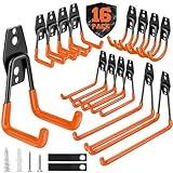 Nacial 16 Pack Garage Hooks Heavy Duty, Utility Steel Garage Storage Hooks with 2 Extension Cord Storage Straps, Utility Garage Wall Mount Hooks for Hanging Bike, Ladder and Garden Tools, Orange