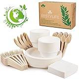 RESTYLIFE 300pcs Compostable Paper Plates Set - Heavy-Duty Biodegradable Plates, Bowls & Cutlery - Ideal for Parties, Weddings, Picnics, Camping - Eco-friendly, Safe, BPA Free, Microwave Safe