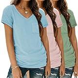 SUNBS Womens V Neck T Shirts Short Sleeve Loose Fit Casual Basic Cute Tees 2025 Summer Lightweight Cotton Basic Tops Spring Beach Fashion Clothes Vacation Outfits Tshirts with Pocket