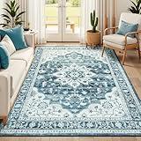 Vibrug Washable Rugs for Living Room Bedroom, 5x7 Area Rugs for Kitchen Office Nursery, Non Slip Low Pile Rug Indoor, Vintage Boho Print Floral Carpet, Neutral Blue White