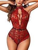 Avidlove Lingerie for Women Halter Lace Bodysuit V Neck Teddy One Piece Babydoll Nightgown Black Red S