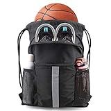 BeeGreen Drawstring Backpack Bag with Shoe Compartment, X-Large Black Gym Sports String Cinch Backpack, Athletic Sackpack with Front Inside Zipper Pockets