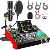 Podcast Microphone Bundle with Live Sound Card Audio Mixer, Podcast Equipment Bundle with 3.5mm Condenser Microphone for Pc/Phone Live Streaming Singing Gaming, Sound Board with Voice Changer, Denoise