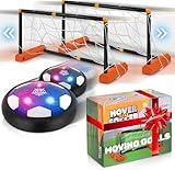 Moving Goals Hover Soccer Ball 4 Pack - 2 Air Floating LED Disk Balls and 2 Gliding Goals, Indoor Fun Game Sports Set, Birthday for Kids 5-7, 8-12, Soccer Toys for Boys and Girls