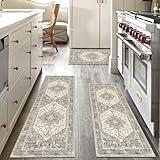 Yamaziot Boho Washable Kitchen Rugs Sets of 3, Non Slip Kitchen Mats for Floor with Rubber Backing, Waterproof & Stain Resistant Carpet Runner Throw Rug for Kitchen, Laundry Room, Hallway, Beige Grey