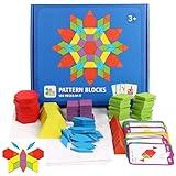 JCREN Wooden Pattern Blocks Montessori Toys Shape Puzzles Kindergarten Classic Educational Tangram Geometric Brain Teaser Toys Best STEM for Kids Ages 4-8 with 24 Pcs Design Cards