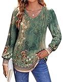 Zeagoo Women's Puff Long Sleeve Boho Shirts Casual V Neck Floral Soild Flowy Tops Pleated Loose Tunic Blouse