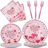 Happy Valentine's Day Tableware Set Party Supplies - Serves 24 Heart Pattern Disposable Dinnerware with Paper Plates, Napkins, Forks for Valentine Day, Anniversary Romantic Party Favors