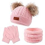 Yuoahcn 3 PCS Kids Winter Beanie Hat Round Scarf Gloves Set Thick Twist Knit Warm Toddler Winter Cap Gloves Neck Warmer for Boys Girls 1-8 Years(Light Pink)