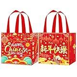 12pcs Chinese New Year Party Gift Treat Bags with Handles Happy Chinese New Year Grocery Shopping Bag Non-Woven Bag for Lunar NewYear Theme Party Spring Festival Supplies