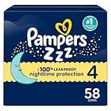 Pampers ZZZ Overnight Diapers, Size 4 (22-37 lbs), 58 Count, Nighttime Protection Disposable Baby Diaper, Night Time Leak and Skin Protection