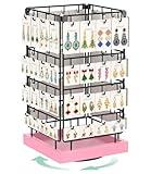 EsLuker.ly Rotating Earring Display Holder Stand for Vendors Events Selling, Large Capacity 64 Hooks Jewelry Rack with Wooden Base for Earring Card Sales, Enhances Retail Display Visibility(Pink)